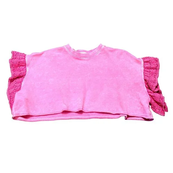 Altard State Medium Pink Cropped Sweatshirt Crochet Puff Sleeve Boho Top Girly - Picture 8 of 9
